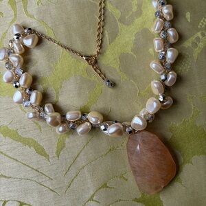 Cream Pearl and Crystal Necklace with Tan Stone Pendant